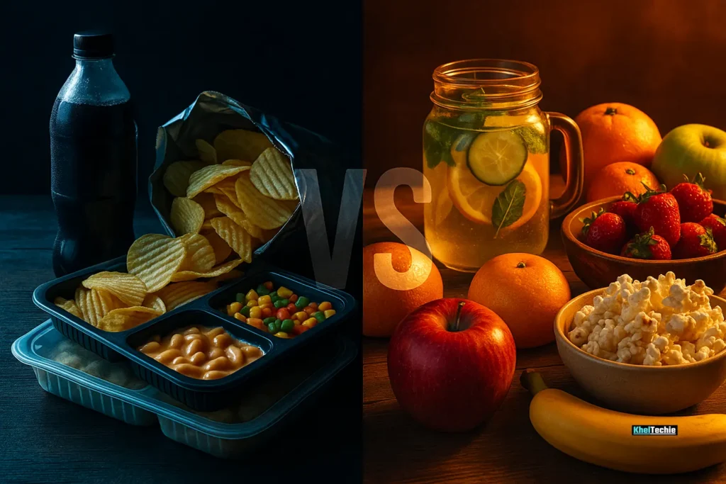 Side-by-side comparison of junk food vs healthy homemade snacks and drinks