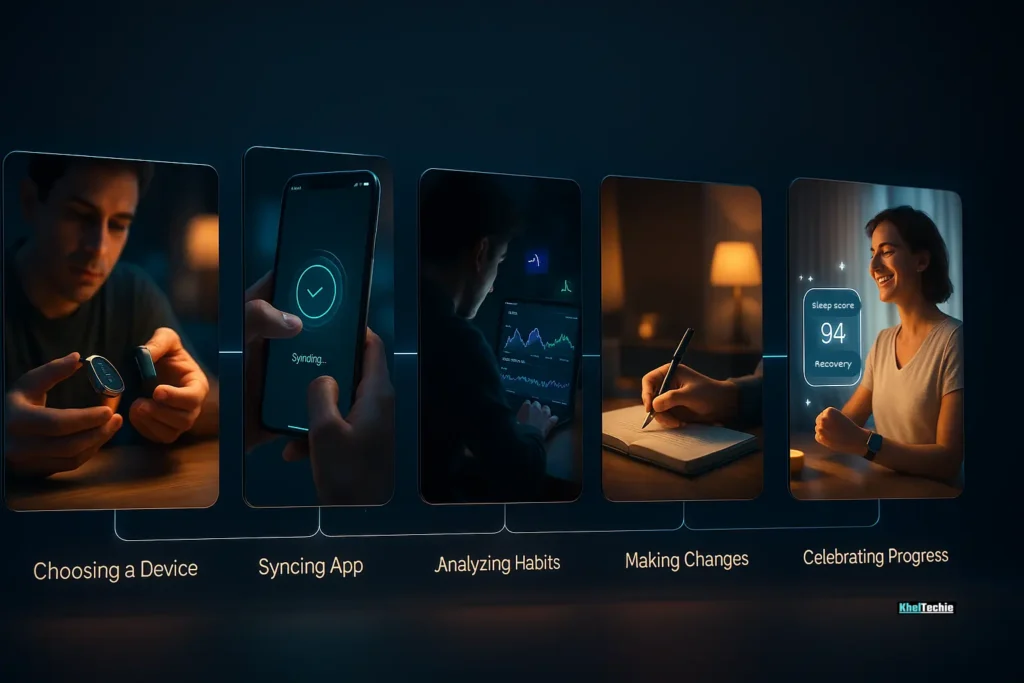 Six-step visual journey showing how to optimize sleep using wearables, from setup to results