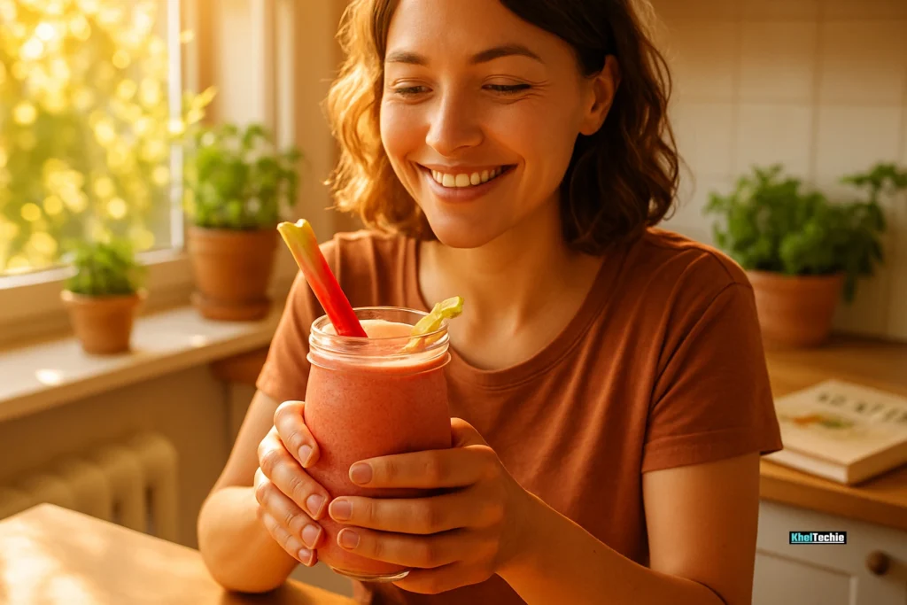 Smiling person holding a rhubarb smoothie in a sunlit kitchen