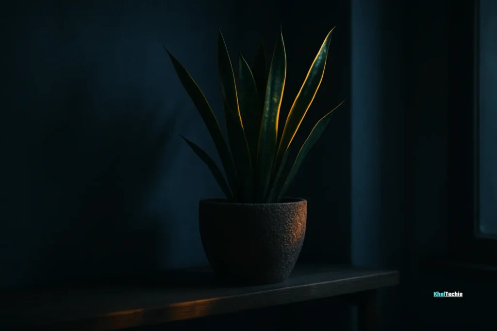 Snake plant in moody light, air-purifying bedroom decor