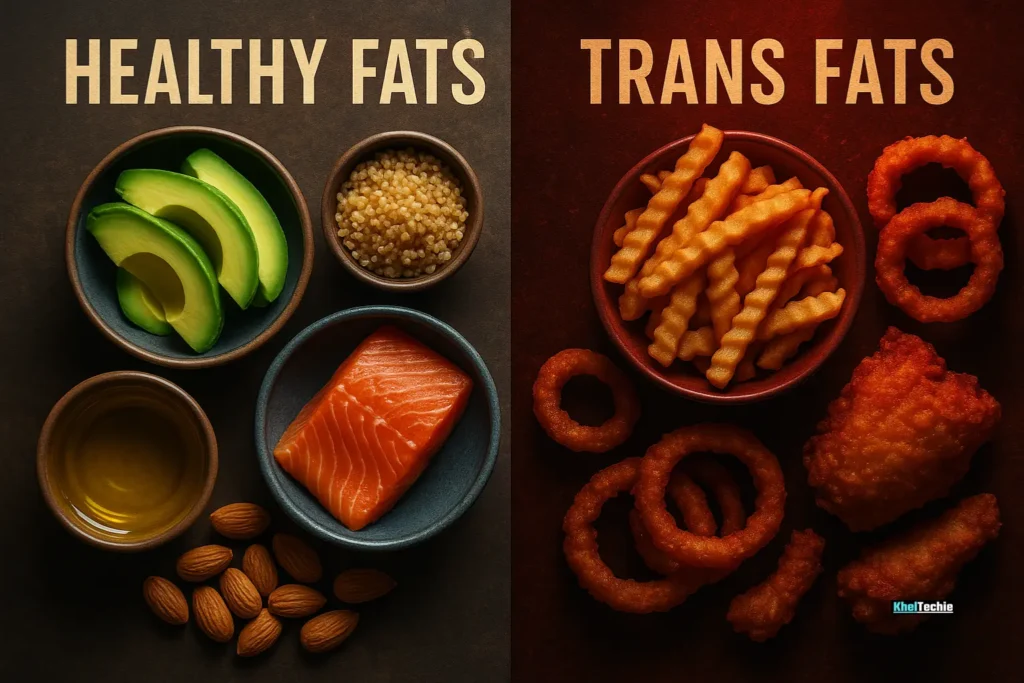 Split image showing healthy fats vs. unhealthy fats with dramatic lighting
