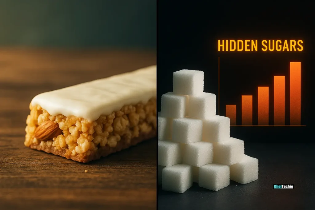 Split-screen showing a “healthy” snack next to visual sugar content and hidden ingredient data
