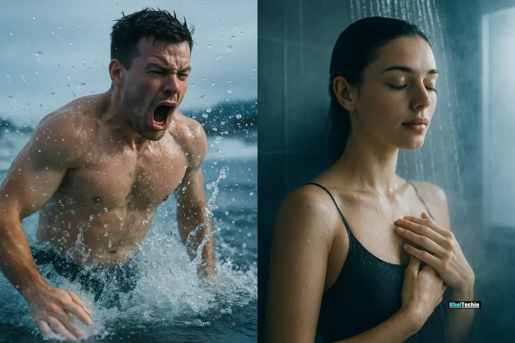 Split-screen showing right and wrong way to take a cold shower