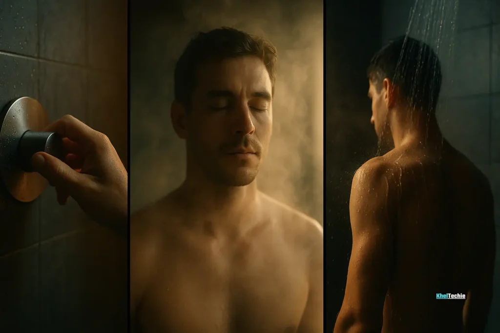 Step-by-step cinematic visual of beginner starting cold shower with deep breaths