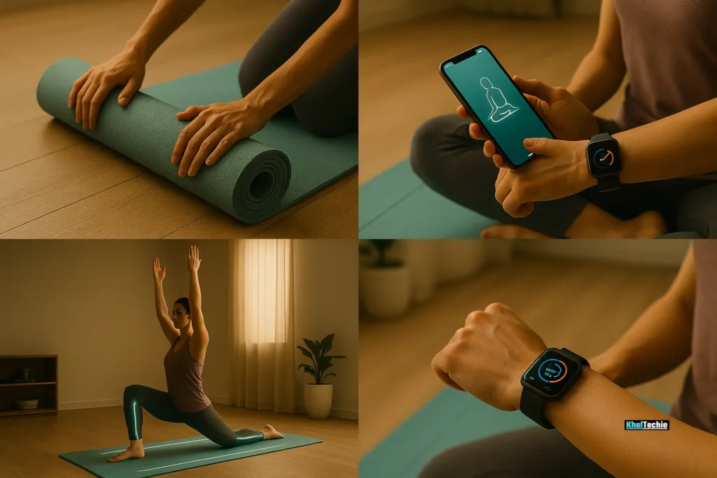 Step-by-step smart yoga mat use with phone and smartwatch sync