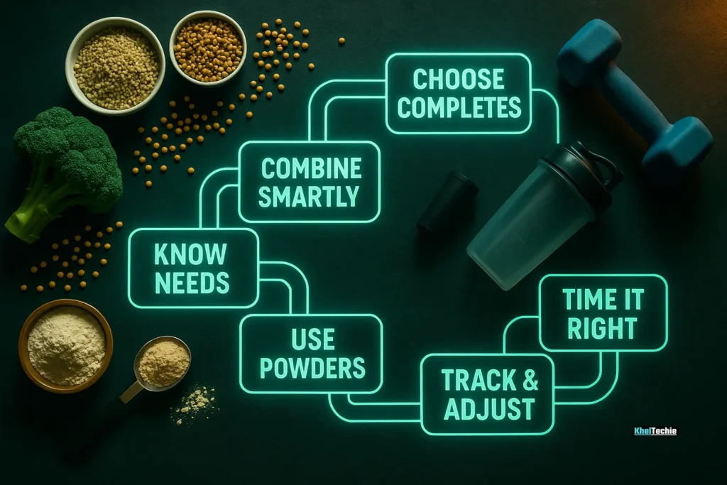 Step-by-step vegan athlete protein strategy as a glowing board game
