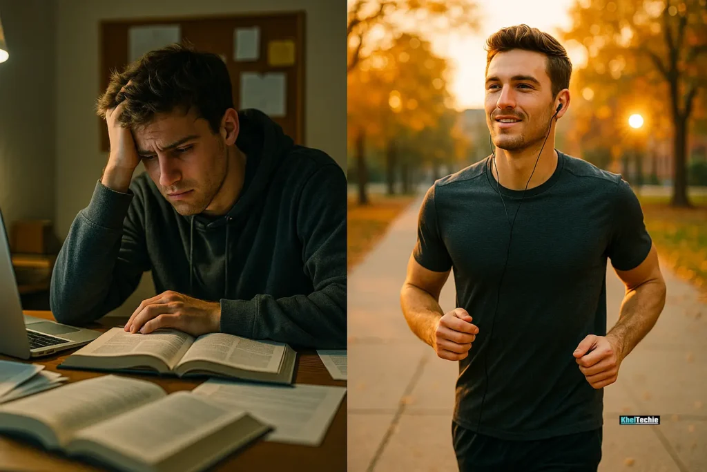 Student overwhelmed by studies transitions to peaceful outdoor jogging for better mental health