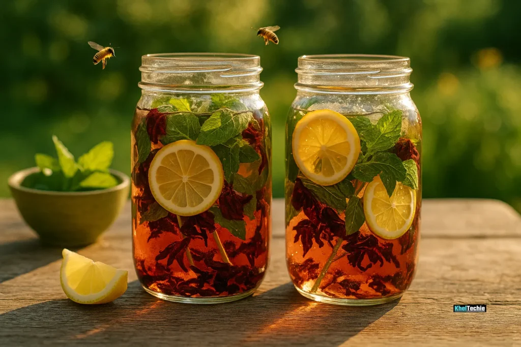 Sun tea jars brewing outdoors in summer garden