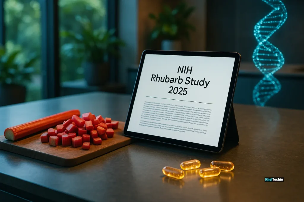 Tablet showing NIH rhubarb study beside fresh rhubarb and supplements