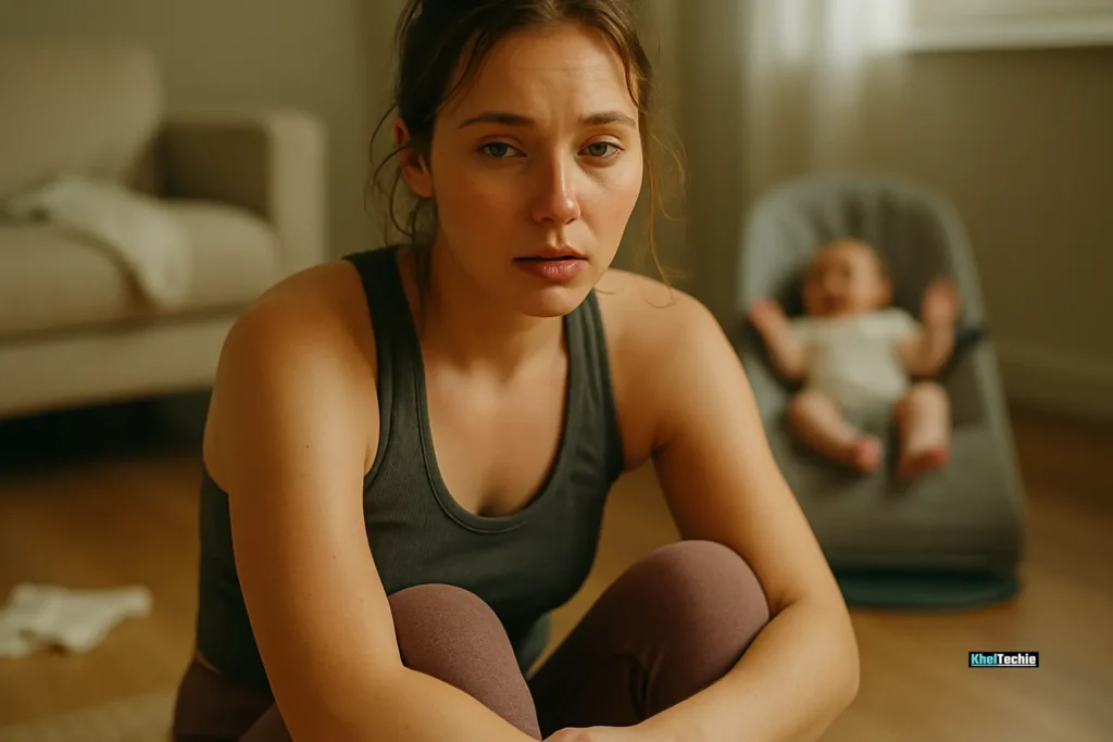 Tired new mom sitting on floor during workout with baby crying
