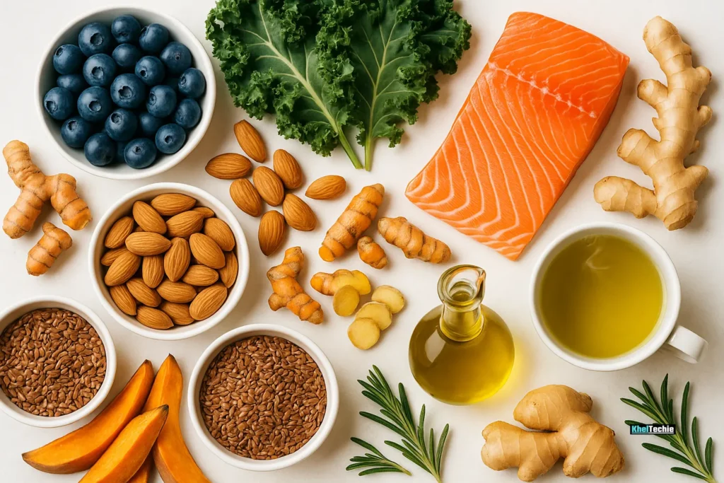 Top 10 best anti-inflammatory foods displayed in colorful flat lay