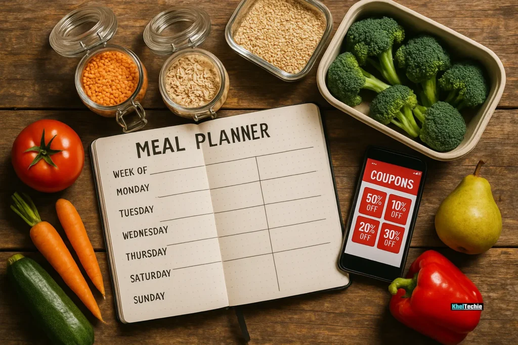 Top view of meal planner, coupons app, and healthy bulk food arranged for budget shopping