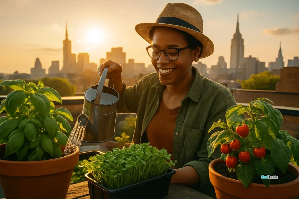 Urban rooftop garden with potted herbs and vegetables being watered by a home gardener