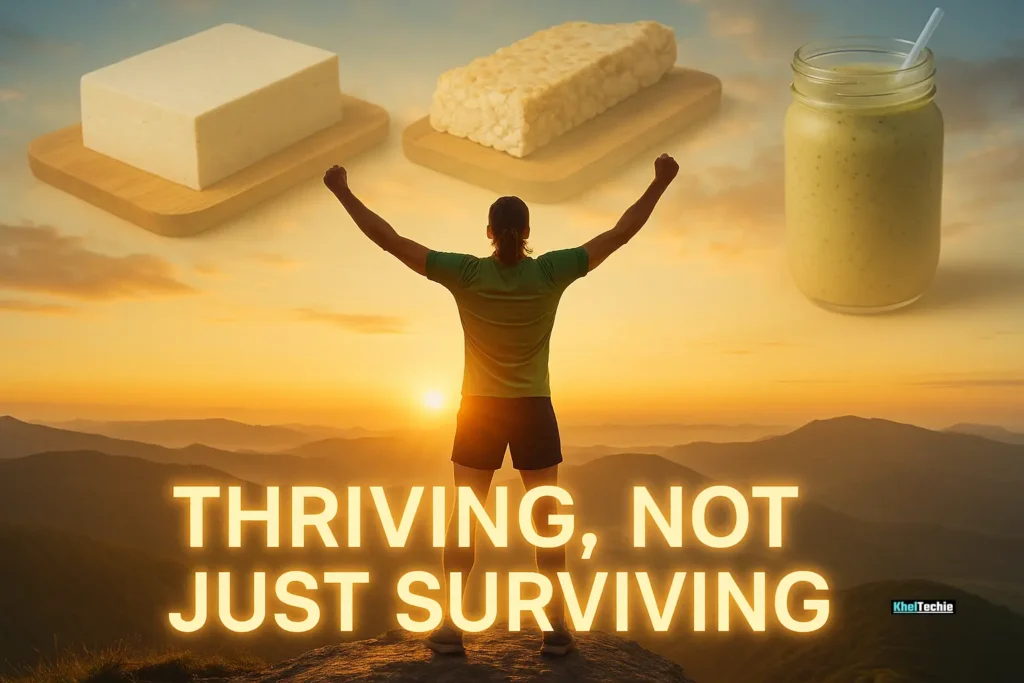Vegan athlete celebrating peak performance with plant proteins in sunrise background