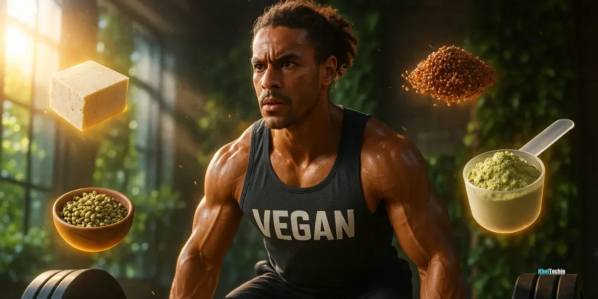 Vegan athlete lifting weights with floating high-protein plant foods in gym