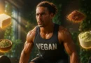 Vegan athlete lifting weights with floating high-protein plant foods in gym