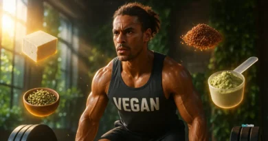 Vegan athlete lifting weights with floating high-protein plant foods in gym