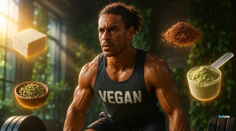 Vegan athlete lifting weights with floating high-protein plant foods in gym