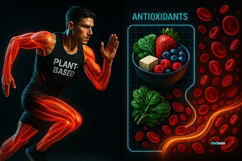 Vegan athlete sprinting with protein and antioxidant benefits visualized