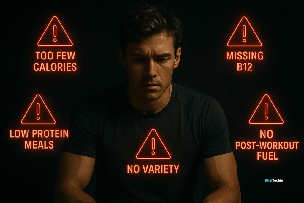 Vegan athlete surrounded by glowing mistakes in protein strategy
