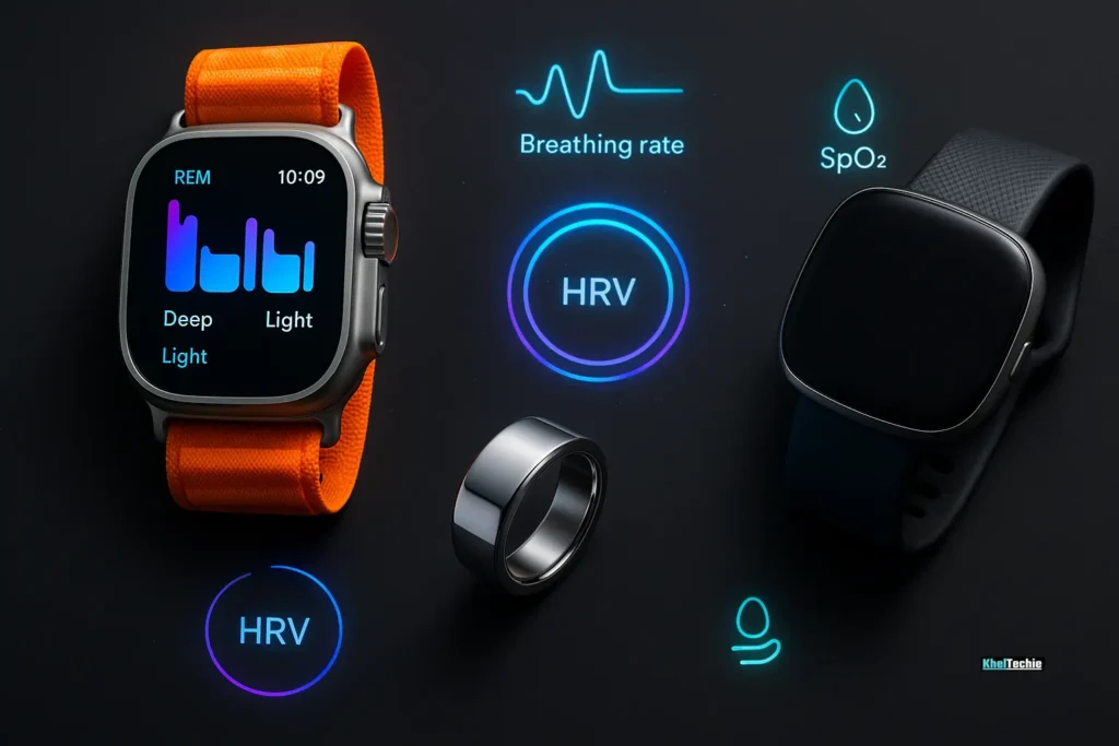 Wearable devices Apple Watch, Fitbit and Oura Ring surrounded by sleep tracking data visualizations