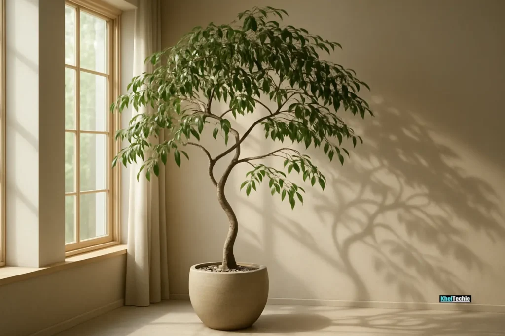 Weeping fig in bright living area, detox plant