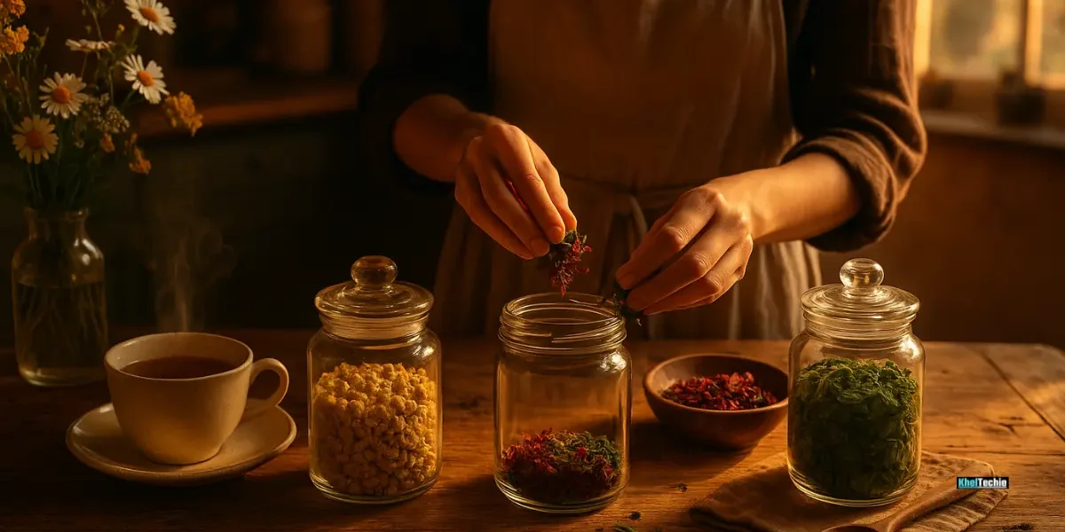 Woman blending herbal tea with dried herbs in warm golden light