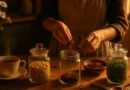 Woman blending herbal tea with dried herbs in warm golden light
