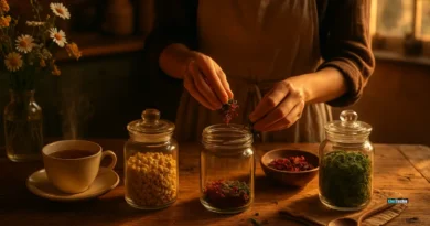 Woman blending herbal tea with dried herbs in warm golden light
