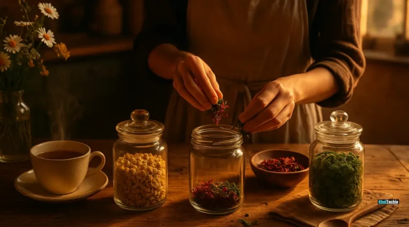 Woman blending herbal tea with dried herbs in warm golden light