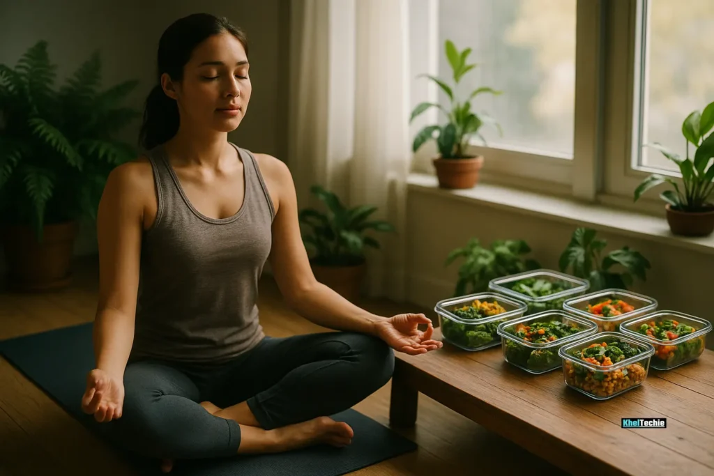 Woman meditating with anti-inflammatory meal prep in calm morning light