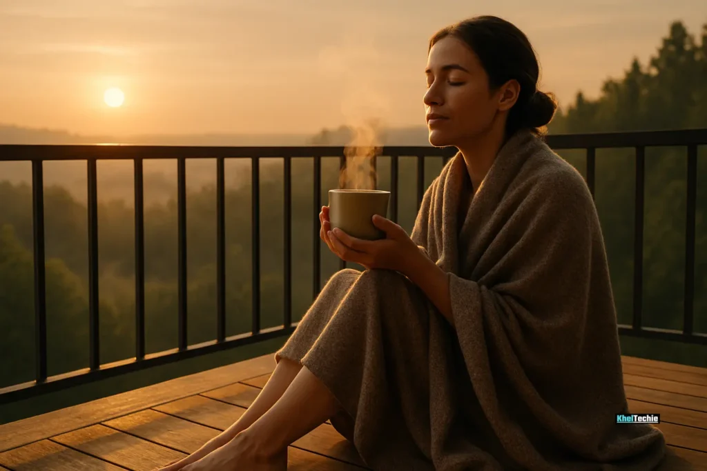 Woman sipping herbal tea on a balcony at sunrise, wrapped in a shawl