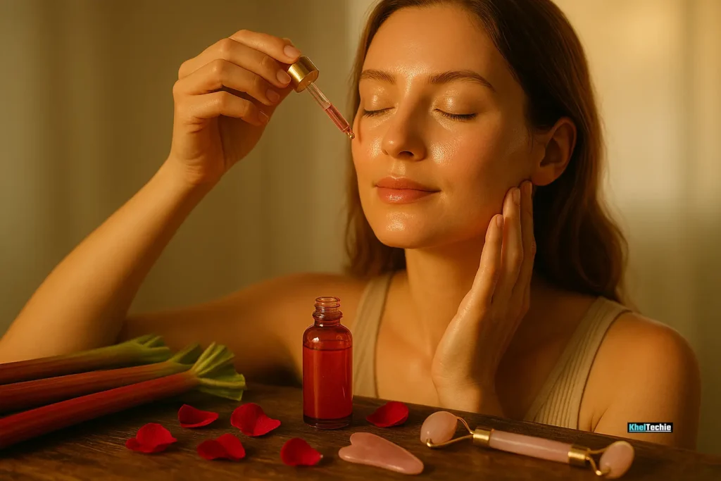 Woman using rhubarb skin product with radiant glow and wellness tools