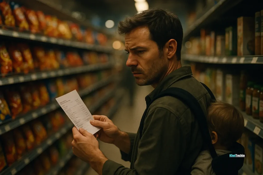 Worried shopper comparing food prices in a grocery store aisle with limited healthy options