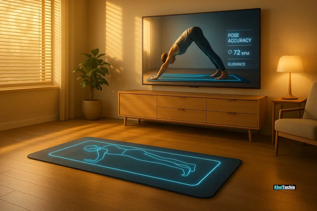 Yoga mat showing real-time feedback on smart screen in cozy tech-integrated living room