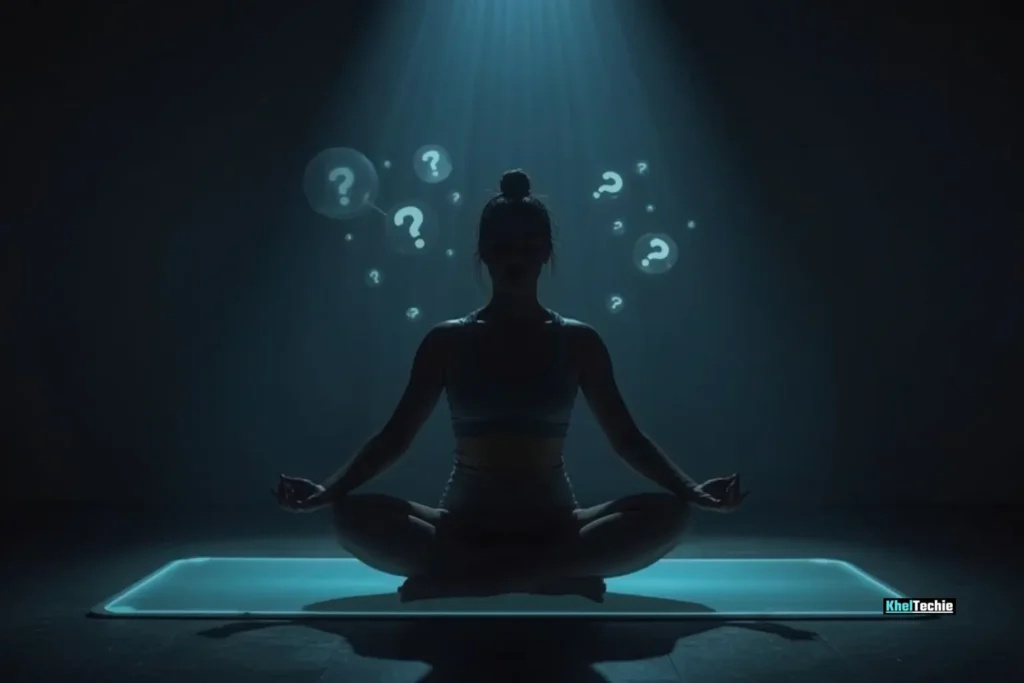Yogi meditating on glowing mat with soft light patterns and question mark motifs