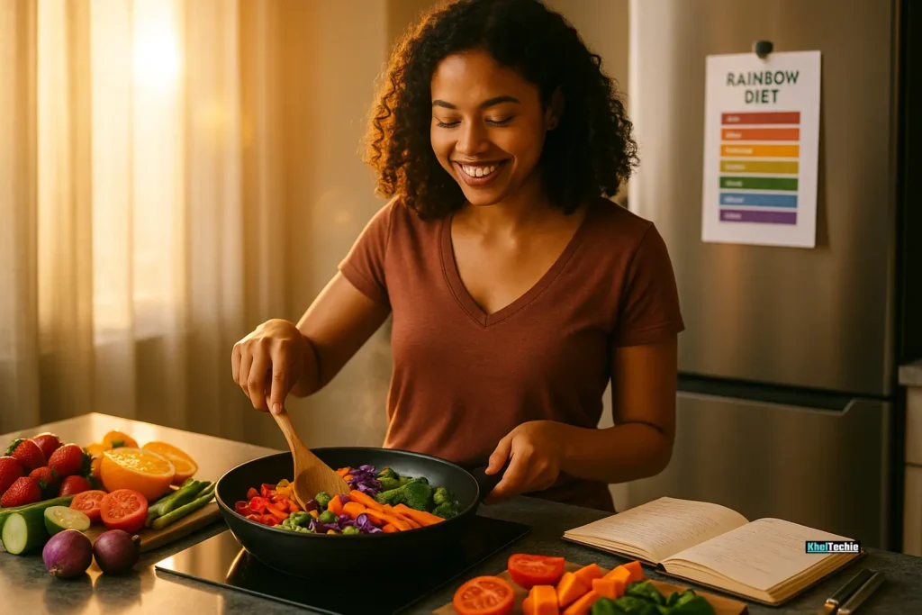 Young woman cooking colorful vegetables in a modern kitchen with rainbow chart on fridge