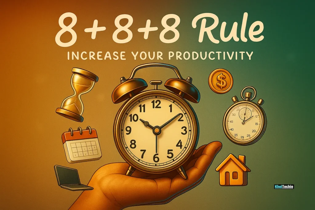 8+8+8 Rule time management concept with hand holding alarm clock and icons 