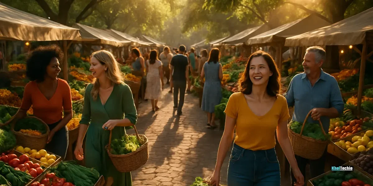 A cinematic aerial view of a bustling farmers’ market filled with colorful produce, symbolizing gut health and vibrant daily habits