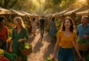 A cinematic aerial view of a bustling farmers’ market filled with colorful produce, symbolizing gut health and vibrant daily habits