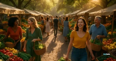 A cinematic aerial view of a bustling farmers’ market filled with colorful produce, symbolizing gut health and vibrant daily habits