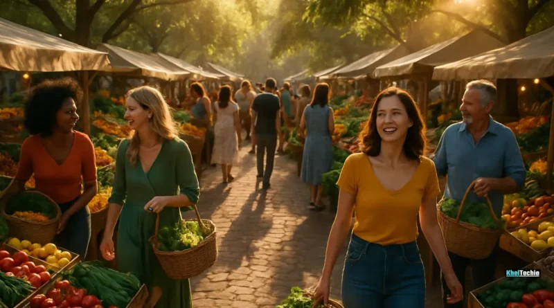 A cinematic aerial view of a bustling farmers’ market filled with colorful produce, symbolizing gut health and vibrant daily habits