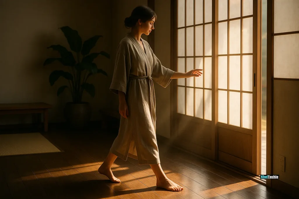 Barefoot woman walking slowly in sunlight on polished wood floor