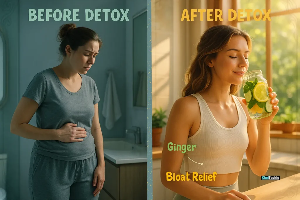 Before and after flat tummy water showing bloated vs refreshed woman sipping detox water