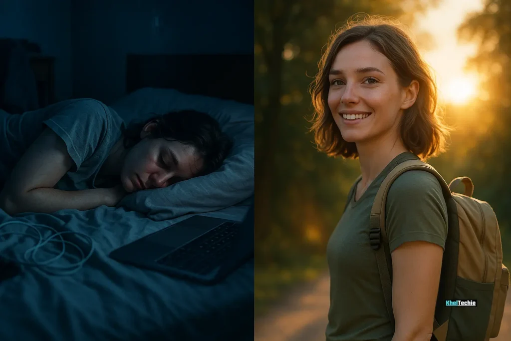 Before and after oversleeping: tired in bed vs. energized outside in morning sunlight