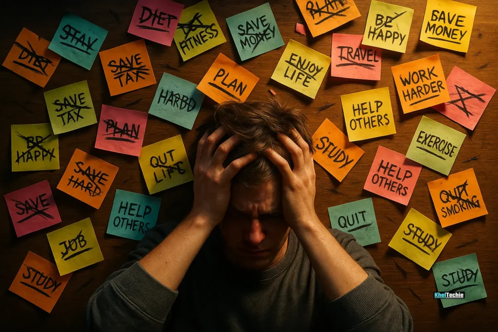 Burned-out person surrounded by unfinished goals representing mistakes in mental toughness training