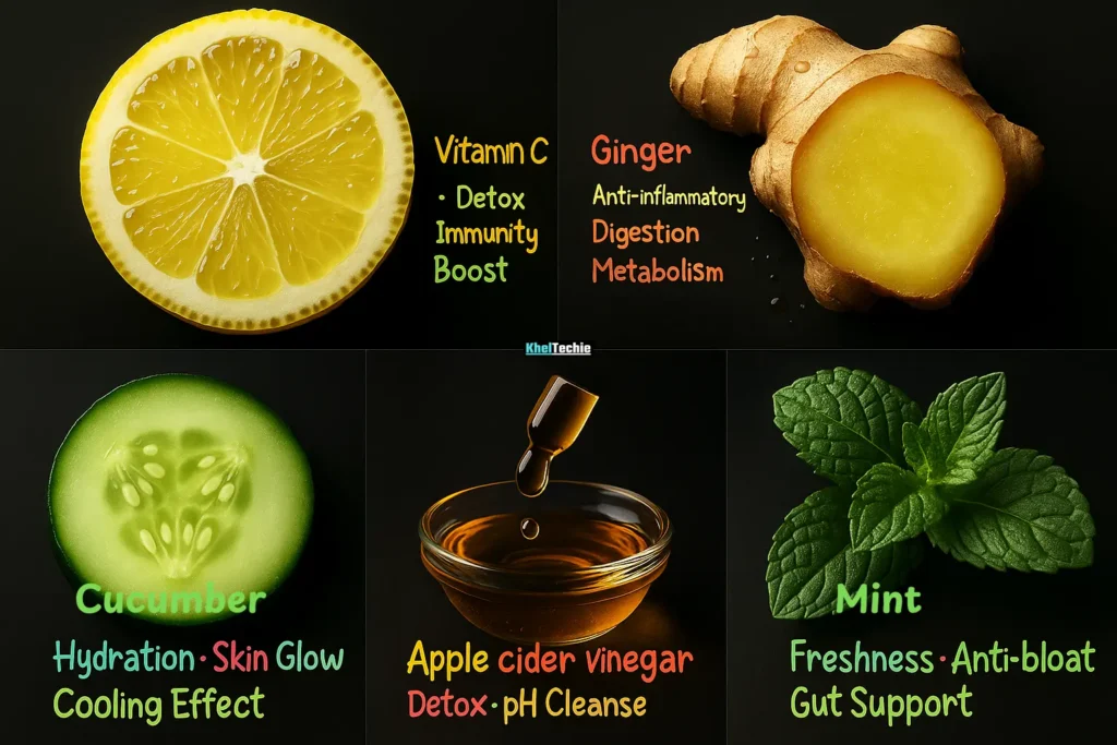 Close-up of flat tummy water ingredients with labels showing health benefits like digestion and hydration