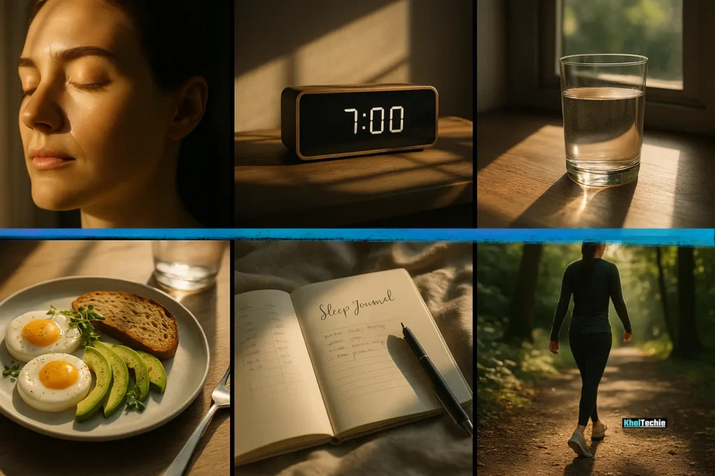 Collage of natural hacks: sunlight, hydration, protein breakfast, stretching, sleep journal, outdoor walk.
