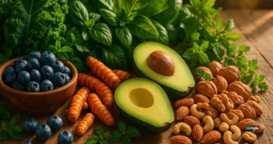 Colorful superfoods like blueberries, avocado, greens, turmeric, and nuts on rustic table in golden light
