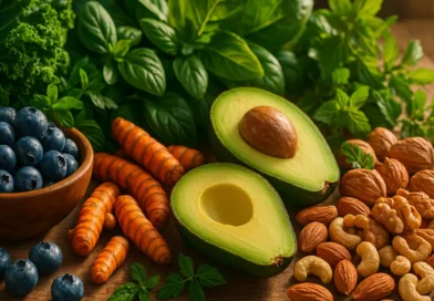 Colorful superfoods like blueberries, avocado, greens, turmeric, and nuts on rustic table in golden light